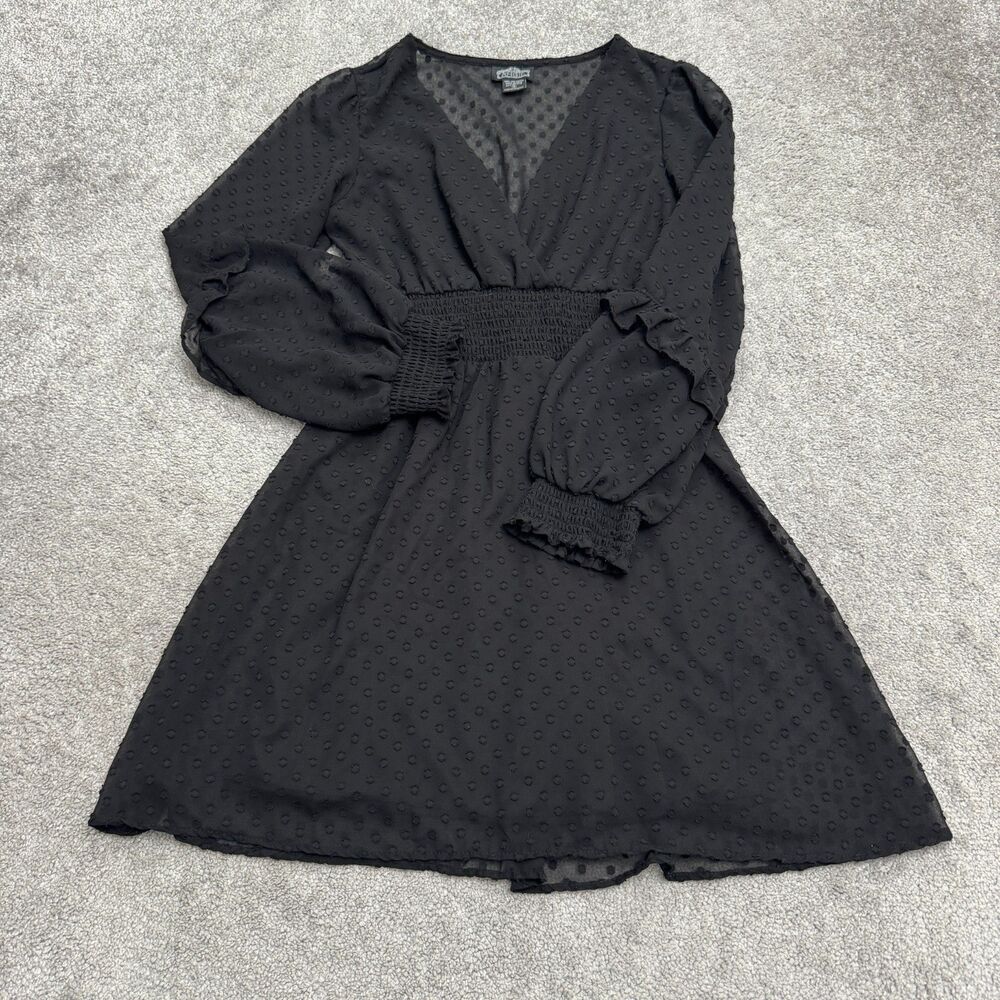 Angie Swiss Dot Chiffon Smocked Waist Mini Dress Long Sleeve Women Small Black